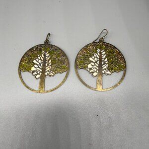 Tree Of Life Dangle Earrings With Green & White Enamel Brass Base Handmade Light